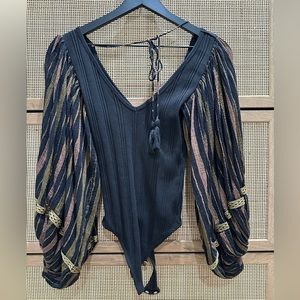 Free People Boho Body Suit with Puff Sleeves